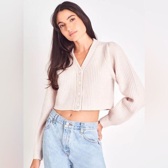 LoveShackFancy Avignon Cropped Cashmere Cardigan in Oatmeal XXL NWT - Picture 3 of 12